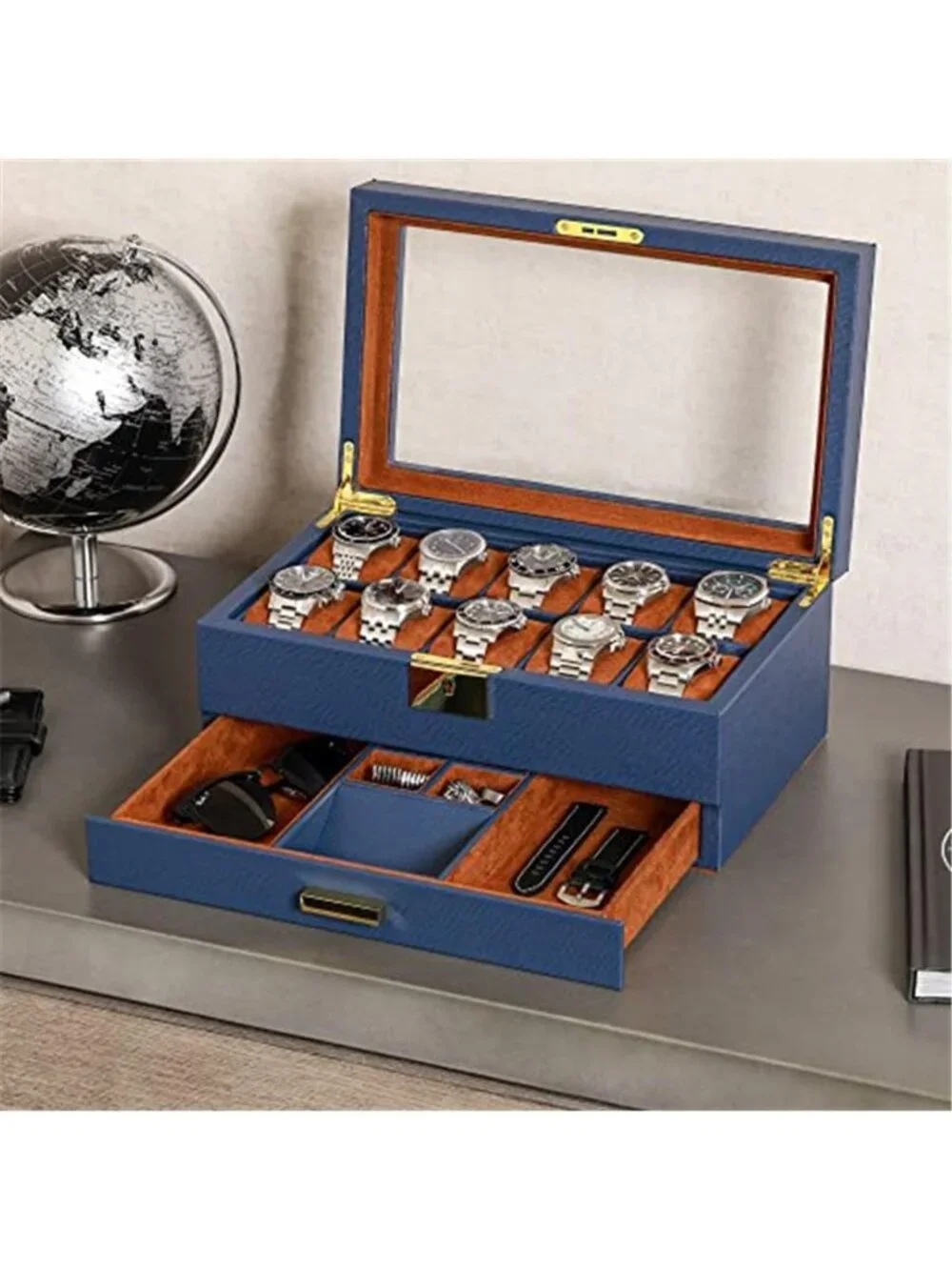 ROTHWELL 10-Slot Watch Box in Leather with Valet Drawer, Luxury Watch Case